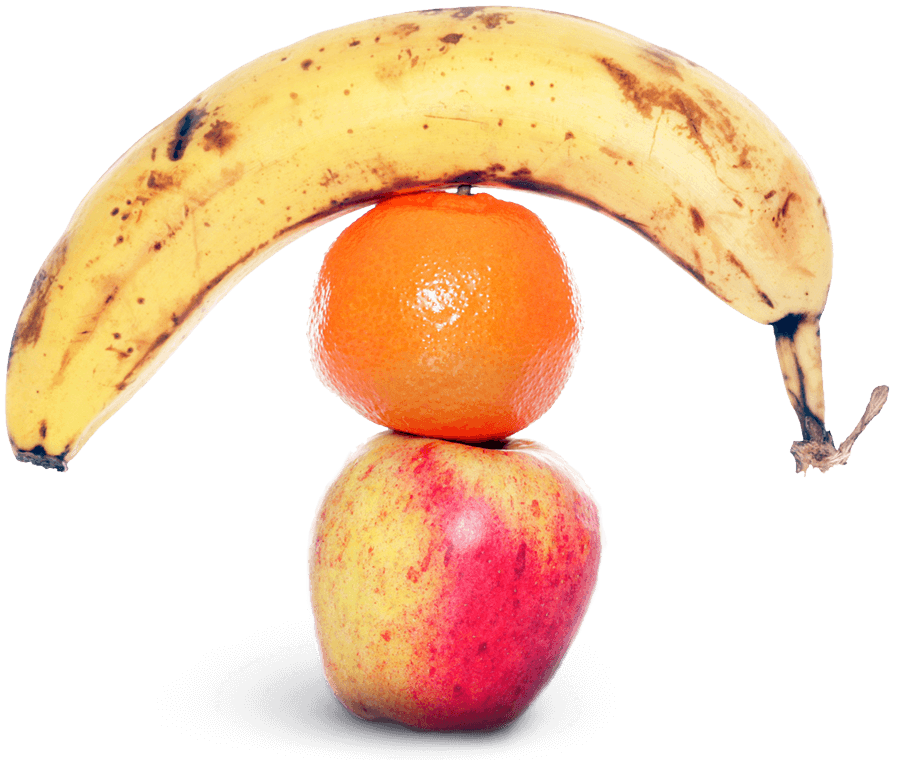 Banana, orange and apple stacked on top of eachother