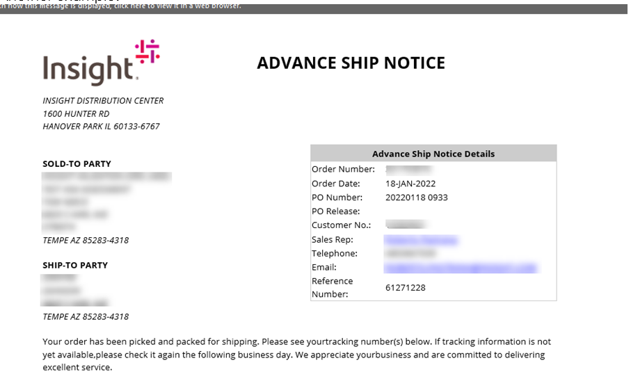 Screenshot of old insight.com Advanced Shipping Notification