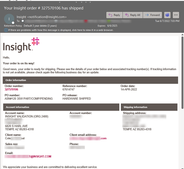 Screenshot of redesigned insight.com Advanced Shipping Notification header