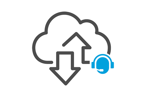 Illustration of  a cloud with arrows pointing upwards and downwards and a client support rep below