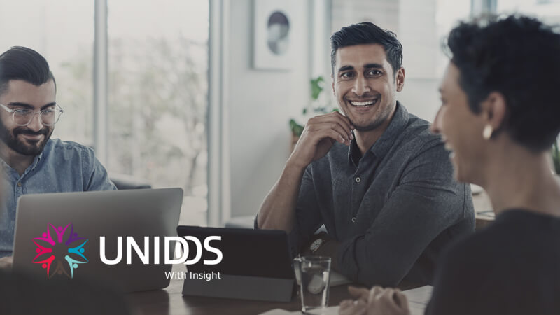 Unidos With Insight Smiling colleagues use up to date software to complete projects