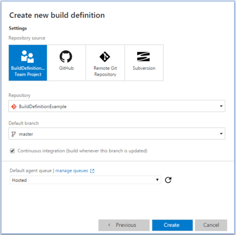 Create new build definition settings