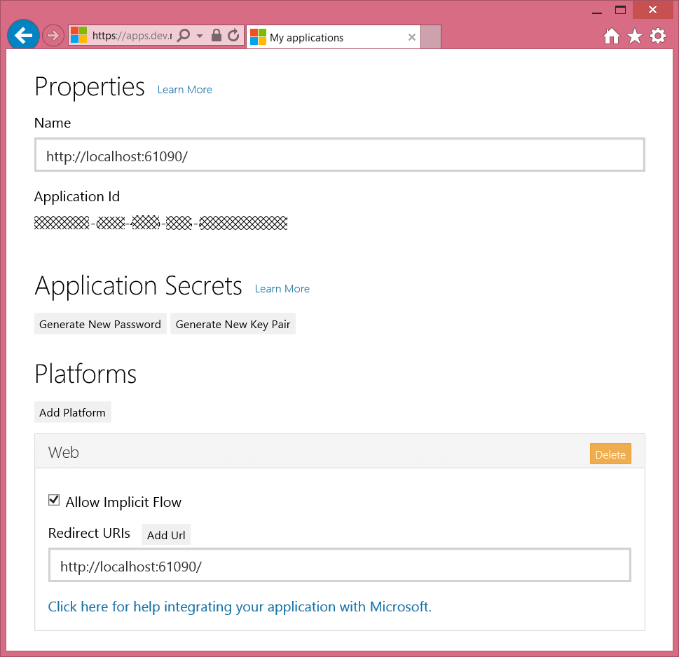 Microsoft’s Application Registration Portal properties dashboard with host name and redirect URLs displayed