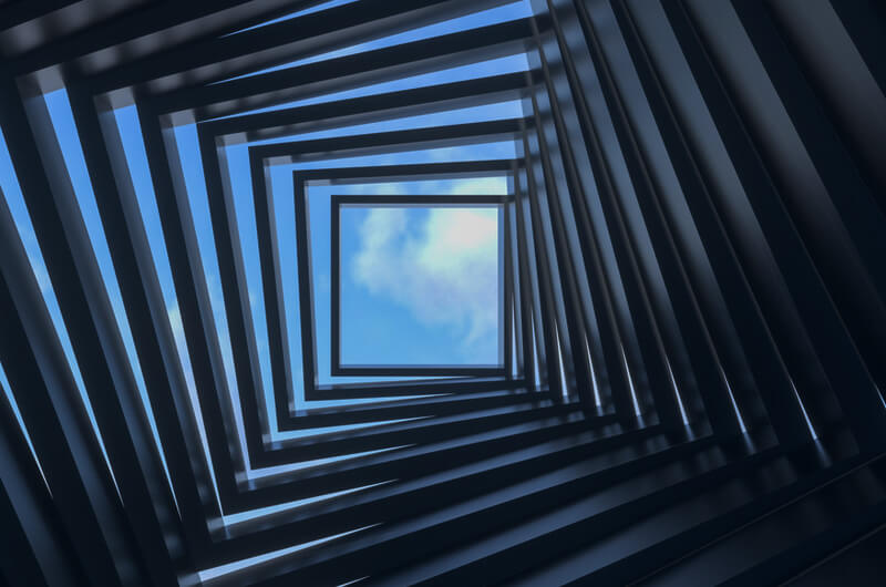 Abstract tunnel with a door leading to a private cloud experience