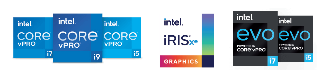 Intel Core vPro, Intel iRISxe Graphics and Intel Evo logos