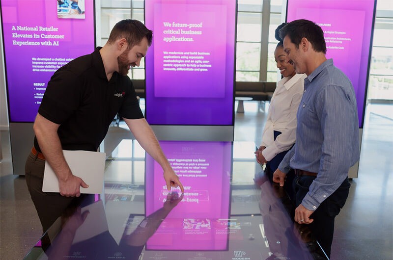 Together, we’ll solve our clients’ toughest challenges Clients with Insight sales executive in modern office, digital innovation center.