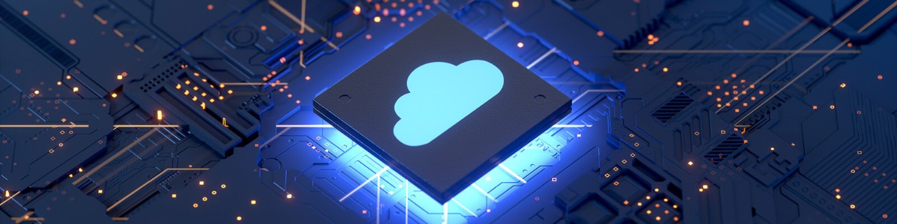 Concept of cloud chip in large computer motherboard. Cloud migration. Cloud security