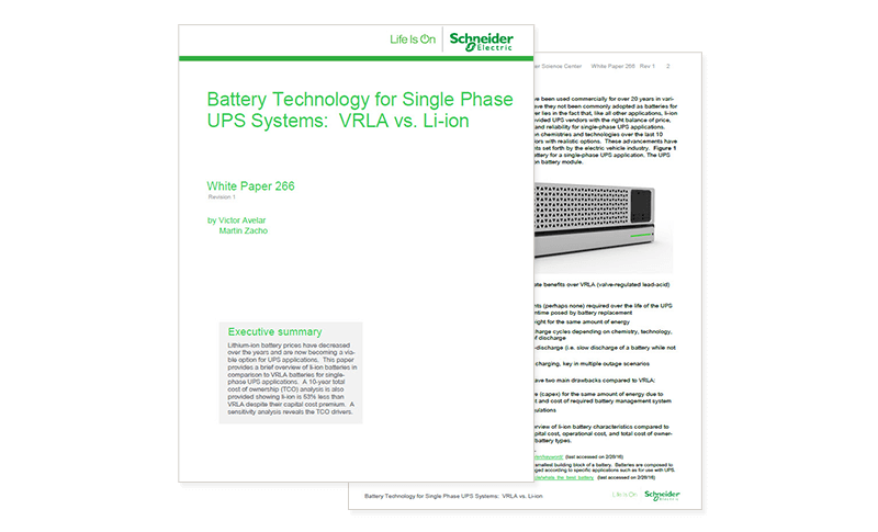 Battery Technology for Single Phase UPS Systems: VRLA vs Lithium-ion Cover of whitepaper available to access by filling out the form on page.