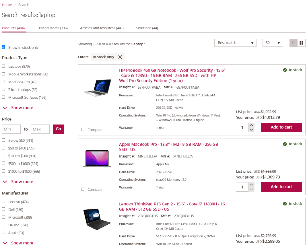 Real-time product recommendations and have access to several filters View of new search results page on Insight.com