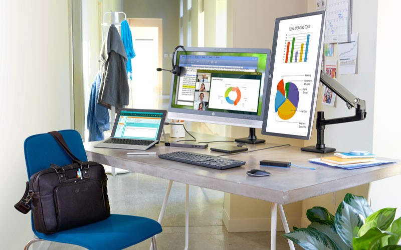 Monitor adjustability and connectivity in an energy-efficient design HP EliteDisplay monitors in use