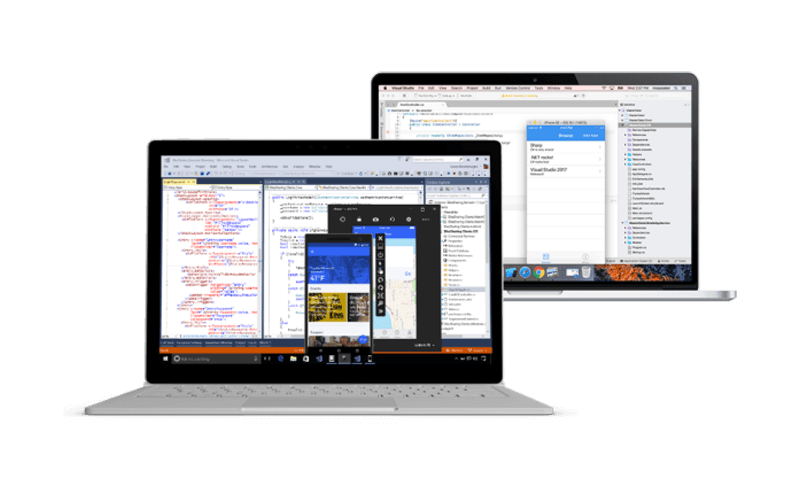 Visual Studio suite of component-based software development tools and technologies Visual Studio displayed on Mac and Windows devices