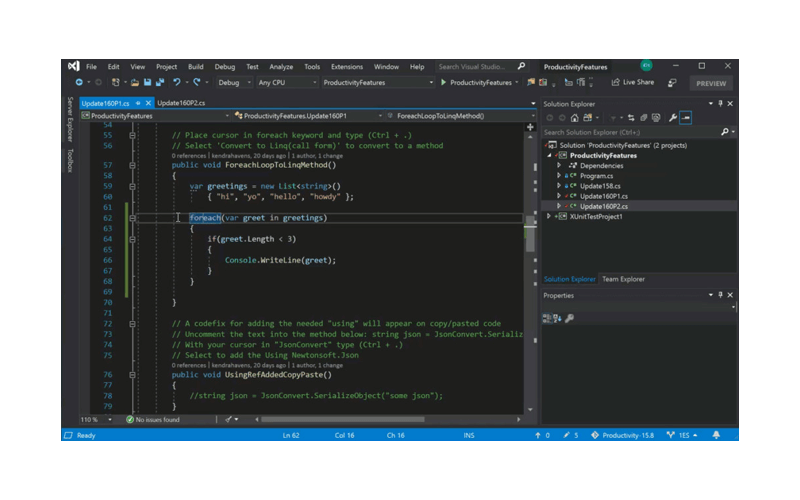 Visual Studio Integrated Development Environment (IDE) Visual Studio IDE code screenshot