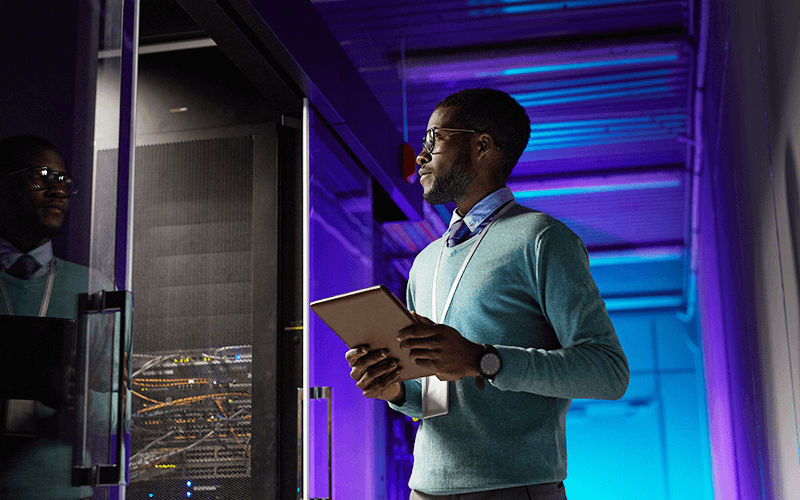 High-powered performance Man working at the data center